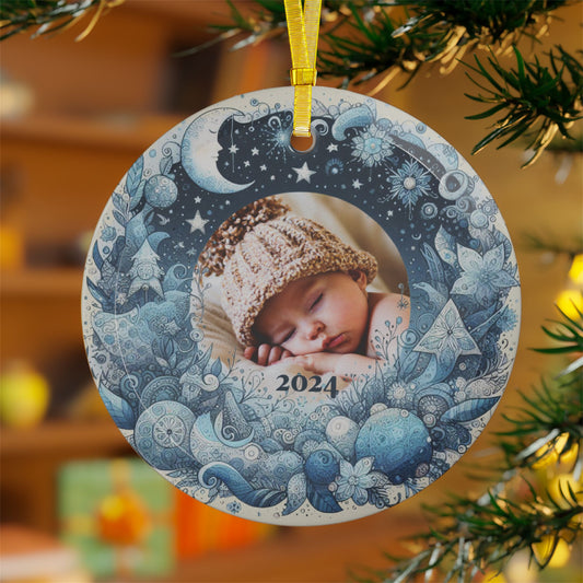 Sweet Winter Dreams Glass Christmas Ornament with Custom Photo and Year - Dreamy Blue Design, Great for Photos of Kids, Babies, Pets, Family