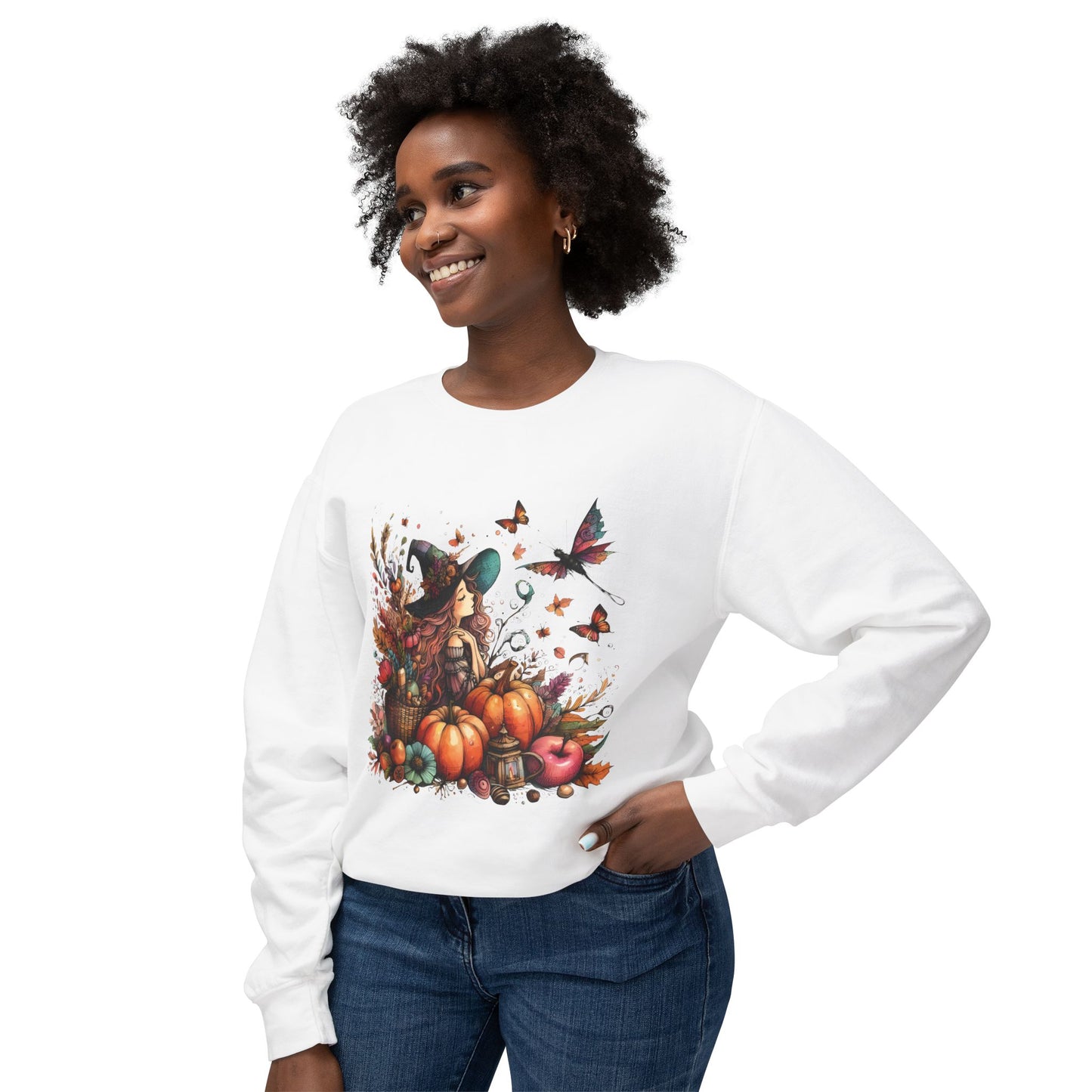 Lightweight Autumn Crewneck Sweatshirt - Whimsical Autumn Fairy Witch