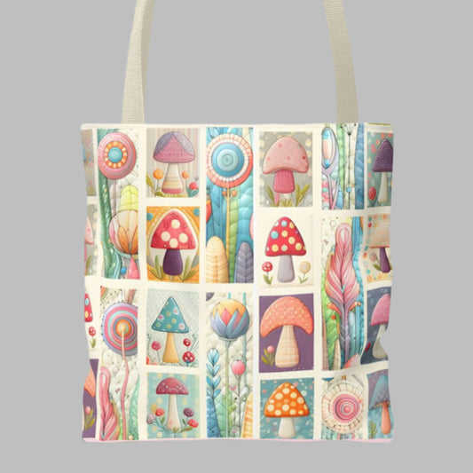 Tote Bag - Whimsical Mushroom and Flower Patchwork