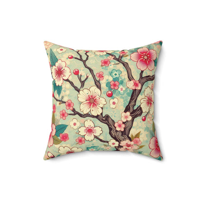 Retro Cherry Blossom Faux Suede Pillow - Bright Pink & Teal Decorative Throw Pillow - Soft Accent Pillow for Sofa, Bed, Lounge