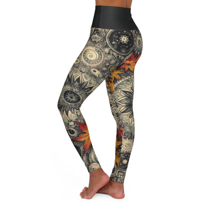 High Waisted Fall Yoga Leggings - Mandala and Autumn Leaves, XS-2XL