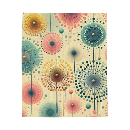 Whimsical Dandelion Velveteen Plush Blanket - Yellow, Pink, and Teal Retro Pattern - Soft & Cozy Medium-Heavy Blanket - Fun, Vibrant  Decor