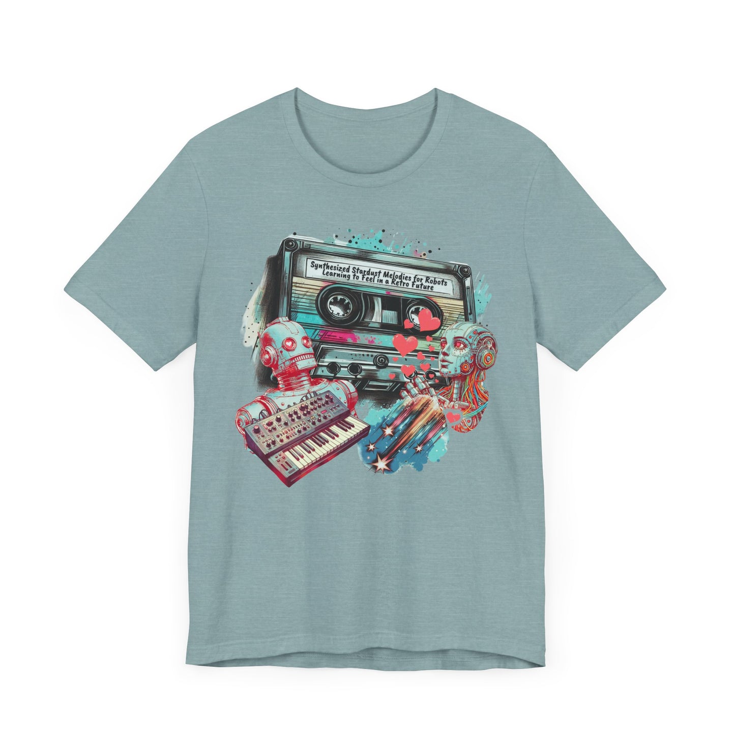 Mixtape T-Shirt - "Synthesized Stardust Melodies" Collage, Unisex Tee with Retro Cassette Tape Design, Great Gift for Music Lovers