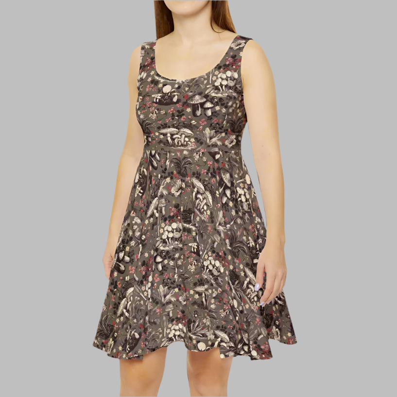 Skater Dress - Boho Floral Earthy and Enchanted Cherry Blossoms & Mushrooms