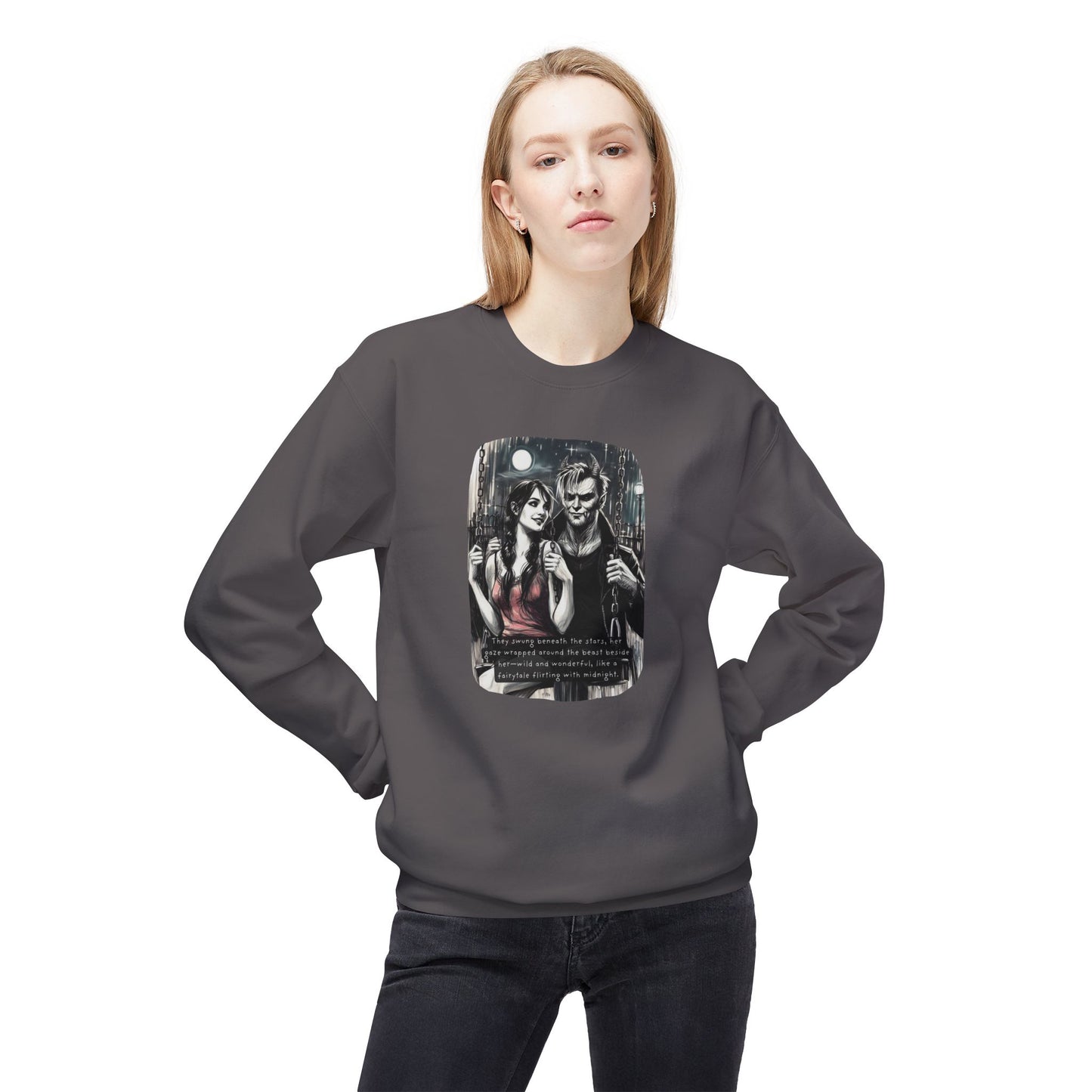 Swing Me to the Moon (Beautiful Monsters Collection) - Unisex Midweight Softstyle Fleece Crewneck Sweatshirt, Multiple Colors Available