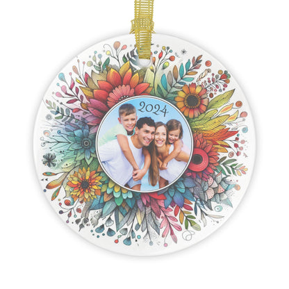 Personalized Light-Catching Glass Ornament - Custom Photo and Year - Floral Rainbow Burst Design, Great for Family, Kid, Pet Photos