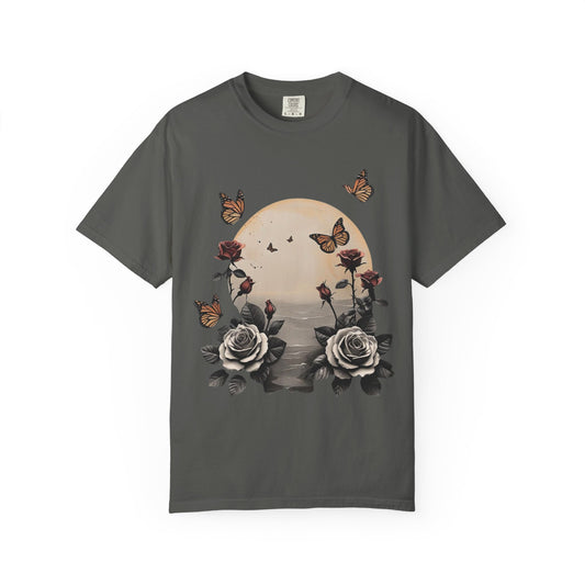 Gothic Moon Rose Butterfly Comfort Colors Garment Dyed T-Shirt | Dark Romantic Vintage Tee | Whimsigoth Celestial Surreal Ocean Scene