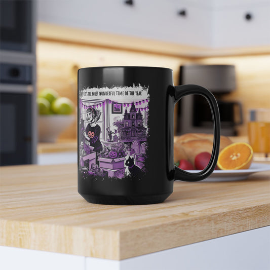 Funny Halloween Mug, 15ox Black Mug with a Halloween Over-Enthusiast Thinking, "Its the Most Wonderful Time of the Year"