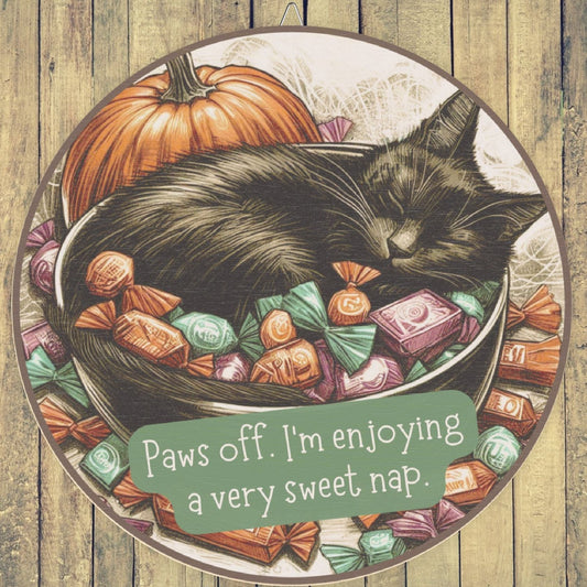 Halloween Black Cat Wooden Wall Sign - Cat Napping in Candy Bowl - Rustic Halloween Decor for Wall or Door