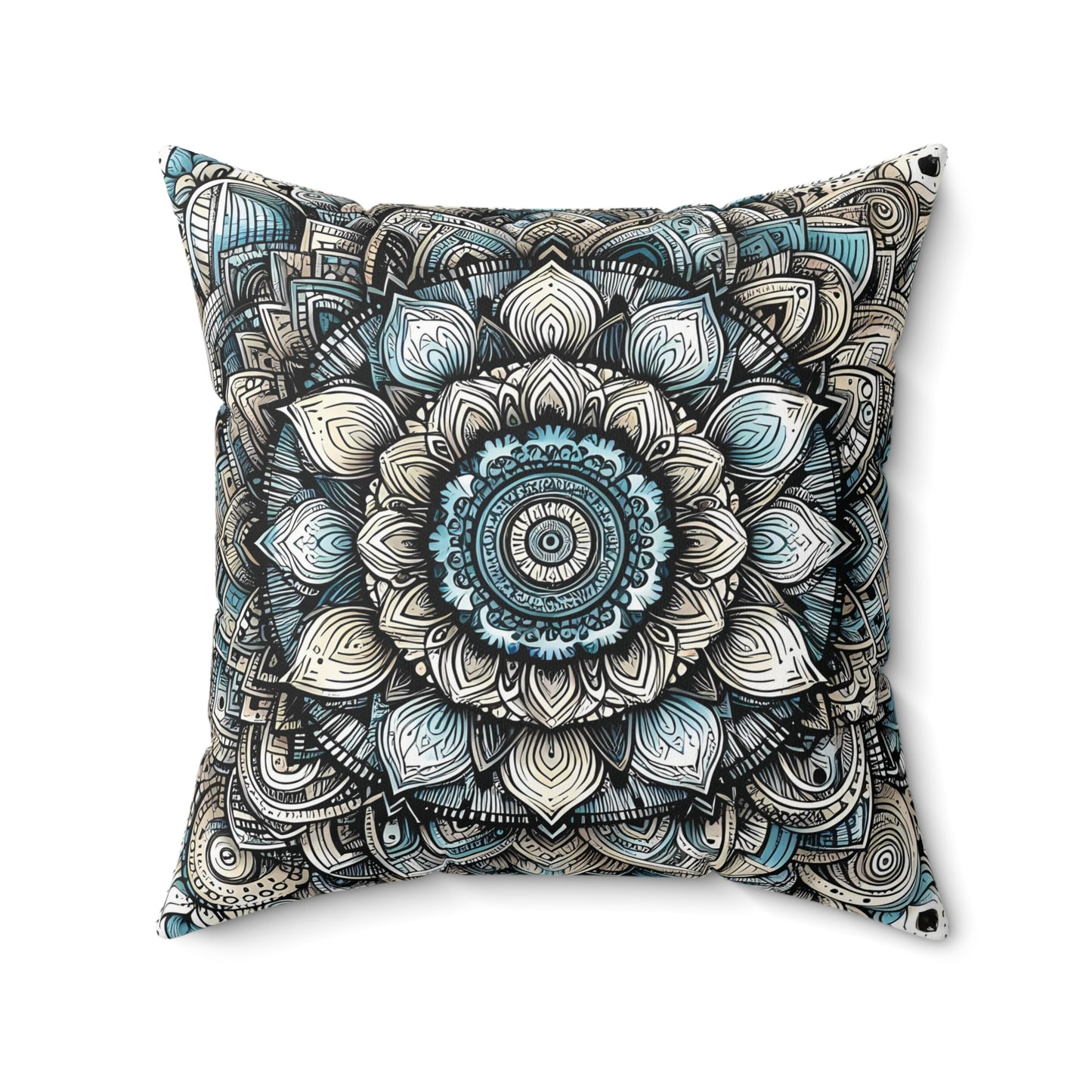 Square Faux Suede Pillow - Boho Floral Mandala, Turquoise and Black Tones (Cover + Pillow Included)