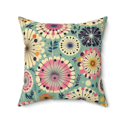 Retro 50s Dandelion Faux Suede Square Pillow - Teal with Pink, Yellow & Navy Accents - Soft Throw Pillow,  Granny Chic Decor