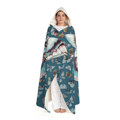 Vibrant Moth Hooded Sherpa Blanket - Cozy Fleece with Graphic Novel Design on Slate Blue Background