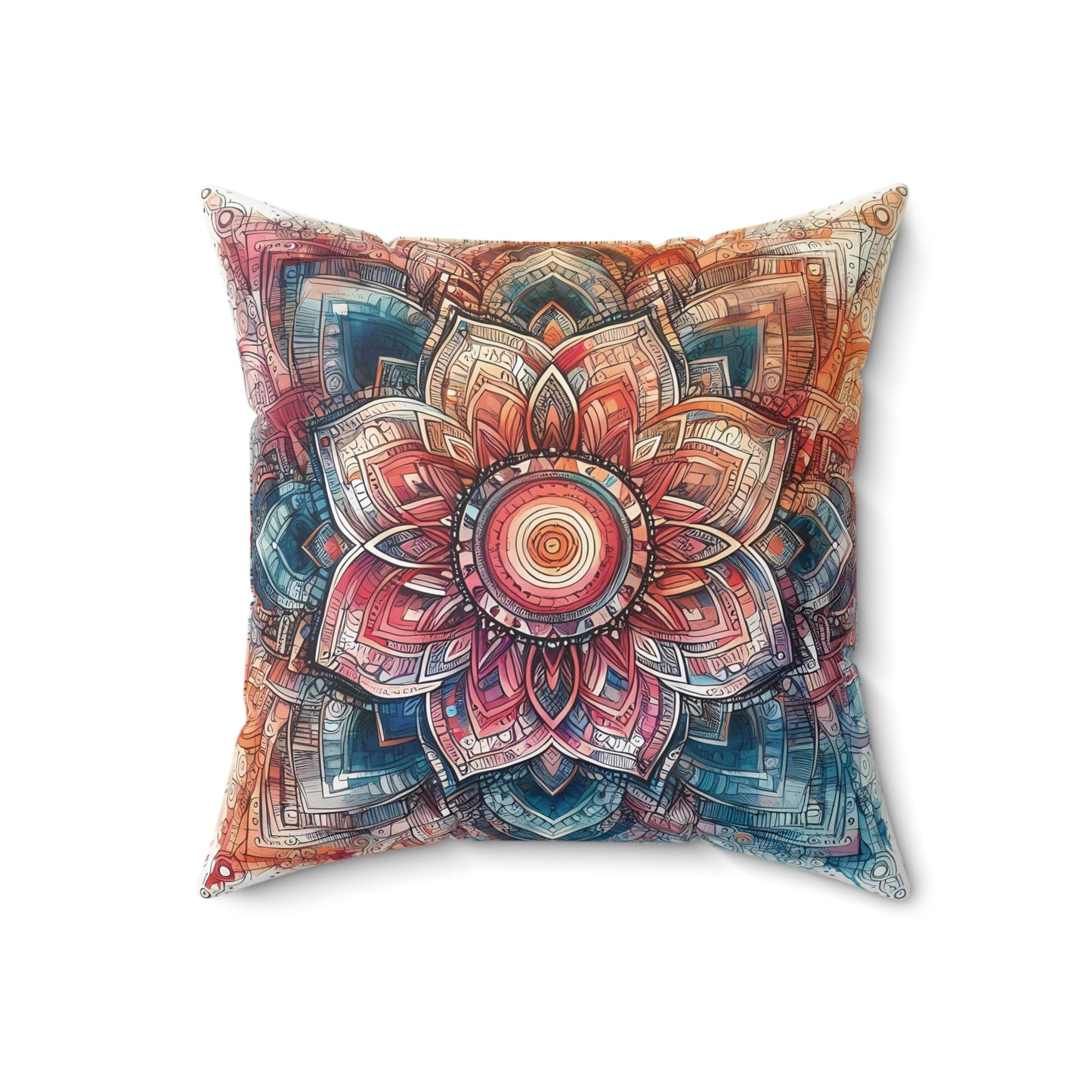 Square Faux Suede Pillow - Boho Floral Mandala, Turquoise, Pink, Orange Tones (Cover + Pillow Included)