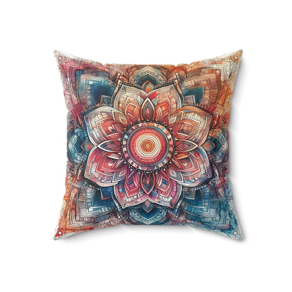 Square Faux Suede Pillow - Boho Floral Mandala, Turquoise, Pink, Orange Tones (Cover + Pillow Included)