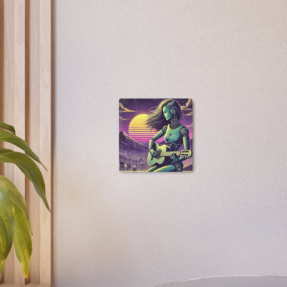 Metal Wall Art - Moody Retro-Futuristic Robot Guitarist Scene, Purple Green with Vintage Overlay