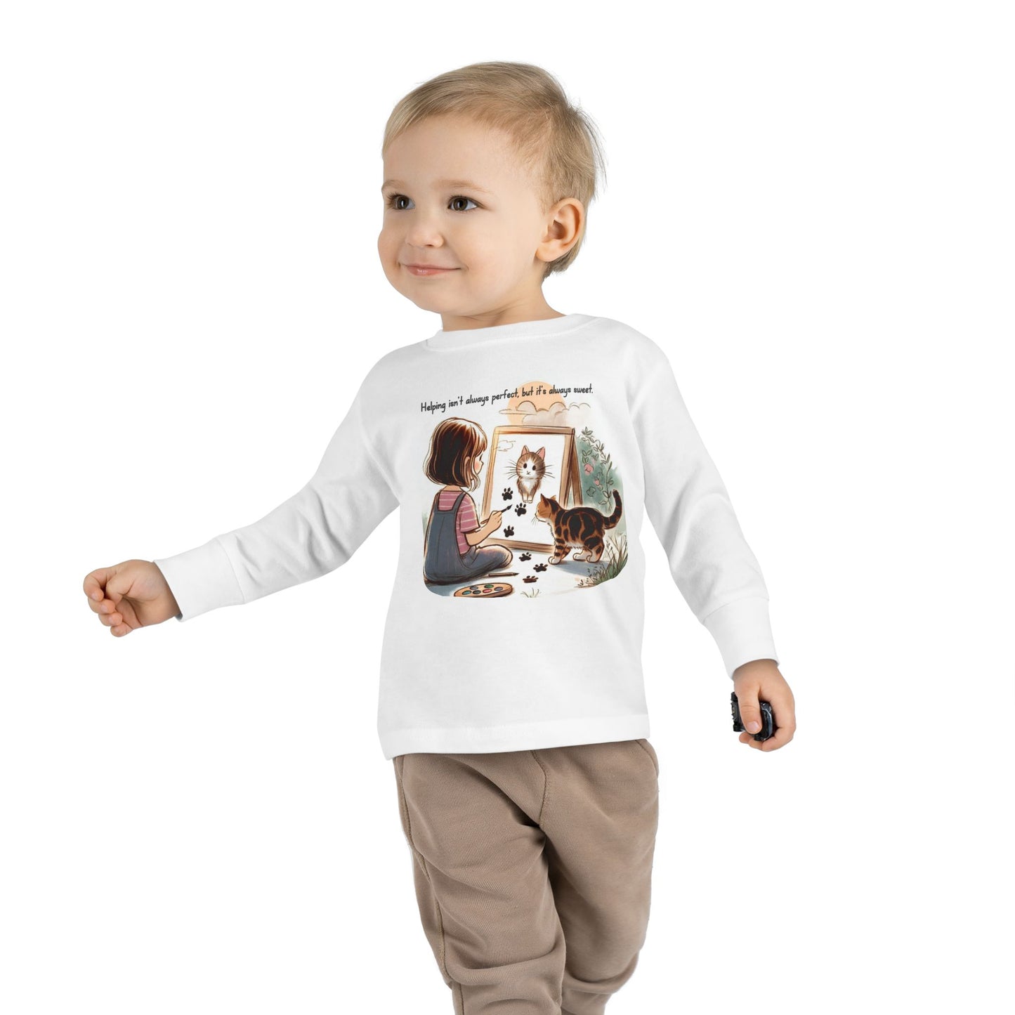 Toddler Long Sleeve Tee - Whimsical Cat Portrait Shirt for Kids, Playful Artistic Unisex Top, Soft