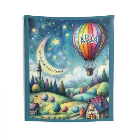 Personalized Children's Tapestry – Custom Hot Air Balloon & Moon Design, Whimsical Night Scene