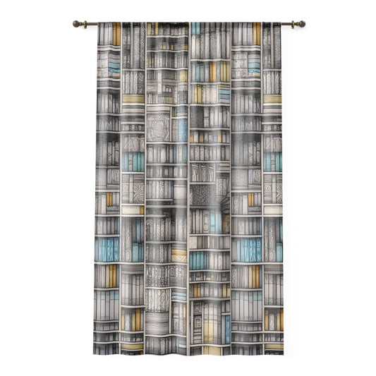 Window Curtain - Bookshelf Patchwork, Sketch-Style Books with Blue and Yellow Accents