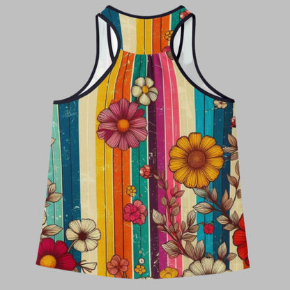 Racerback Tank Top - 70s Style Bold Stripes and Wildflowers