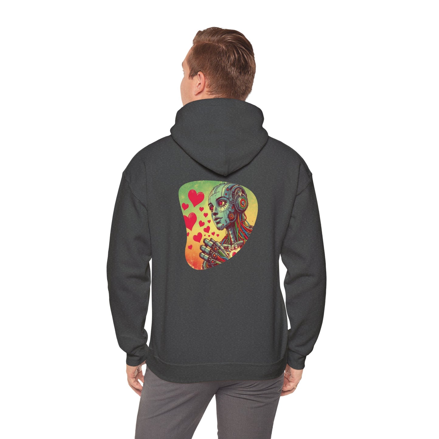 Colorful Whimsical Robot Hearts Hoodie, Retro-Futuristic 80s Print, Unisex Sweatshirt, Fun Thought-Provoking Design, Unique Gift Idea