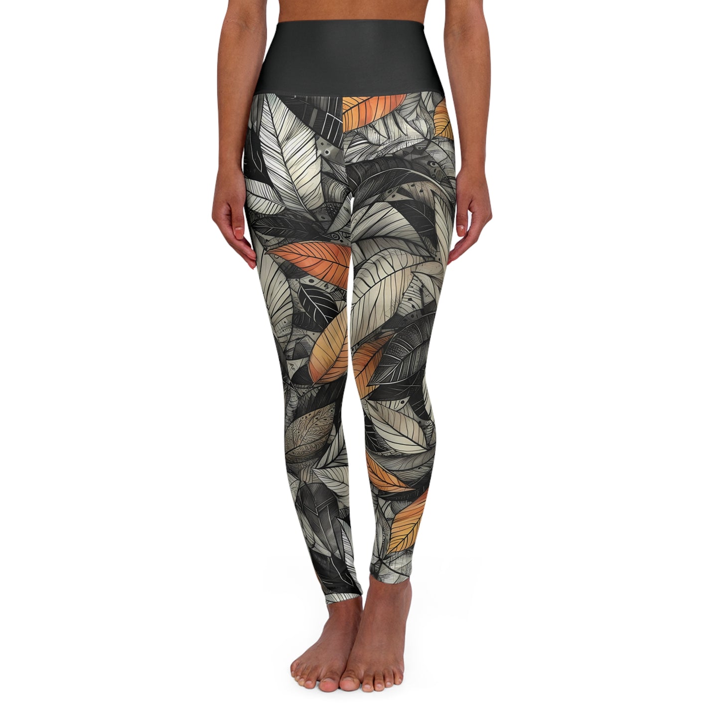 High Waisted Fall Yoga Leggings - Sketched Autumn Leaves, XS-2XL