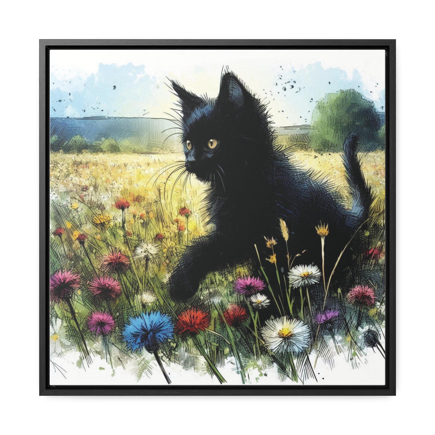 Black Cat Playing in Meadow Gallery-Wrapped Canvas - Cat Lover Gift, Decor for Child's Room or Nursery, Storybook Style Art