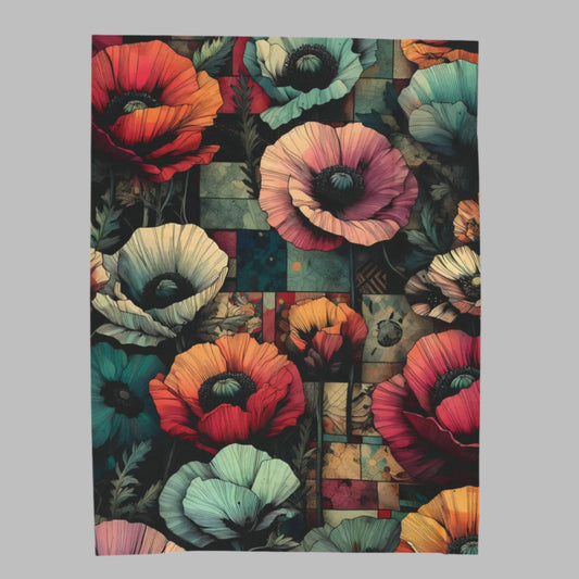 Velveteen Plush Blanket - Bold Colorful Poppies Over Patchwork