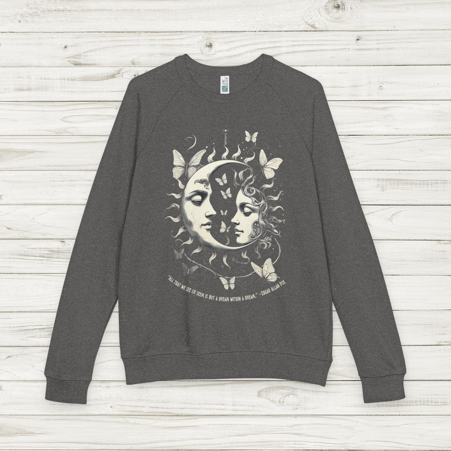 Sun and Vintage Moon Mystic Celestial French Terry Sweatshirt with Edgar Allan Poe Quote, Dreamy Cosmic Butterfly Pullover