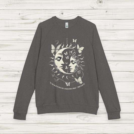 Sun and Vintage Moon Mystic Celestial French Terry Sweatshirt with Edgar Allan Poe Quote, Dreamy Cosmic Butterfly Pullover
