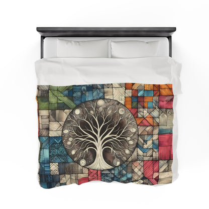 Vibrant Tree of Life Velveteen Plush Blanket - Whimsical Patchwork Design for Cozy, Eclectic Decor