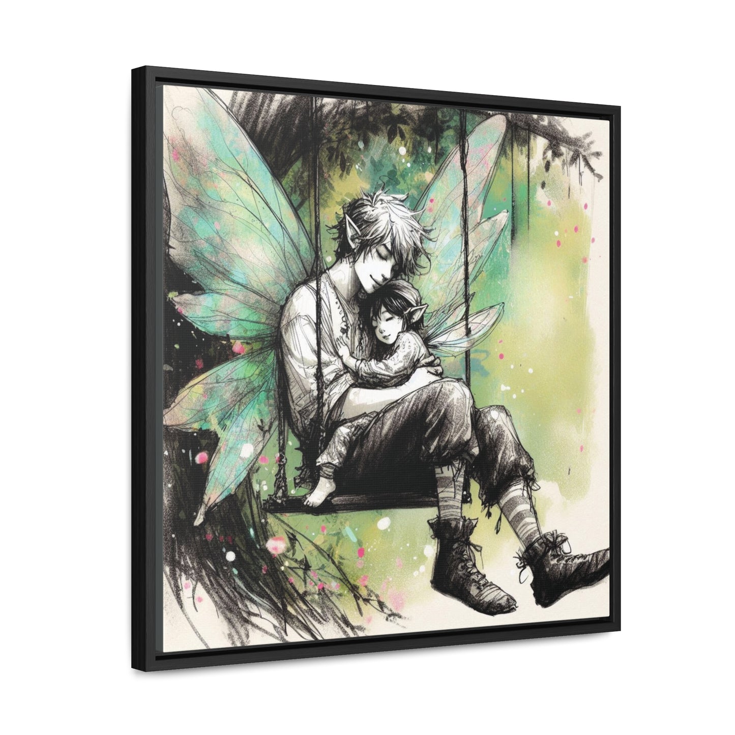 Father Fairy with Daughter on Swing, Gallery Wrapped Canvas Print - Sweet Fatherly Bond Wall Art for Nurseries or Child's Bedroom