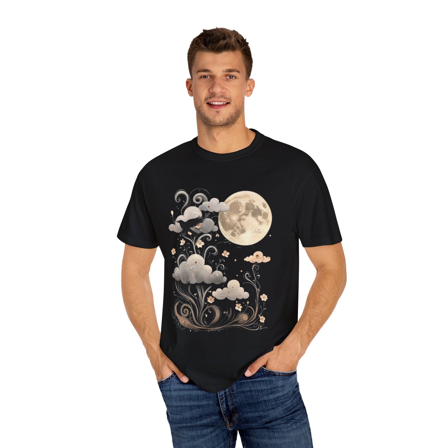 Moonlit Crow Comfort Colors T-Shirt, Halloween Mystical Raven Shirt, Dark Nature Art Tee, Cloud and Moon Graphic, Soft Cotton Witchy T-Shirt