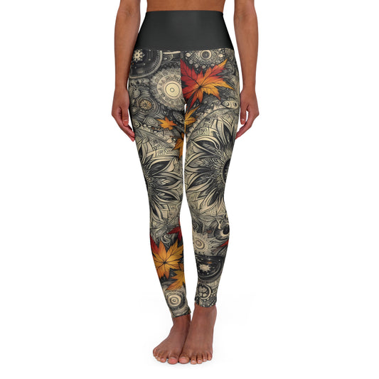 High Waisted Fall Yoga Leggings - Mandala and Autumn Leaves, XS-2XL