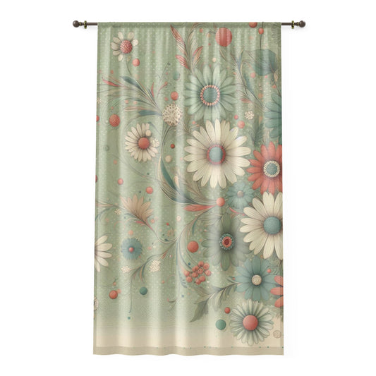 Sheer Retro Daisy Curtain – Avocado Green with Peach & Cream Blooms – 50" × 84" Floral Window Panel – Vintage-Inspired Decor