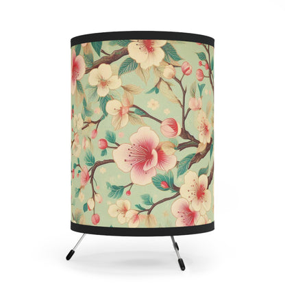 Vintage Green Tripod Lamp with Retro Cherry Blossom Design - Grandma Chic Accent Lamp for Cozy Living Spaces