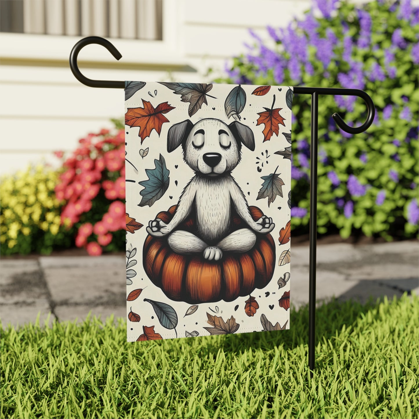 Porch or Yard Flag / Garden Banner - Zen Dog on Pumpkin