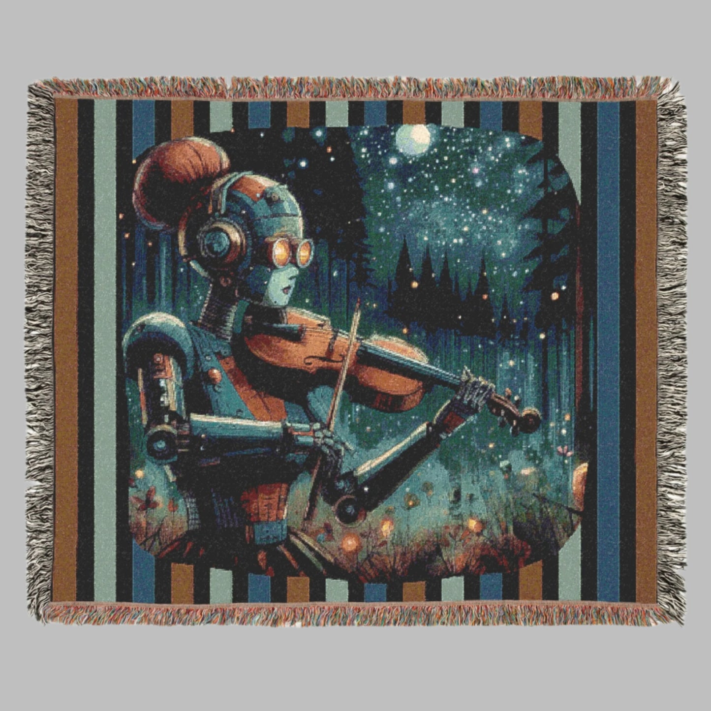 Woven Blanket -  Retro-Futuristic Robot Playing Violin in the Forest Night