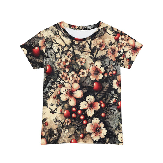 All-Over-Print Women's T-Shirt - Blooms, Cherries, and Black Lace