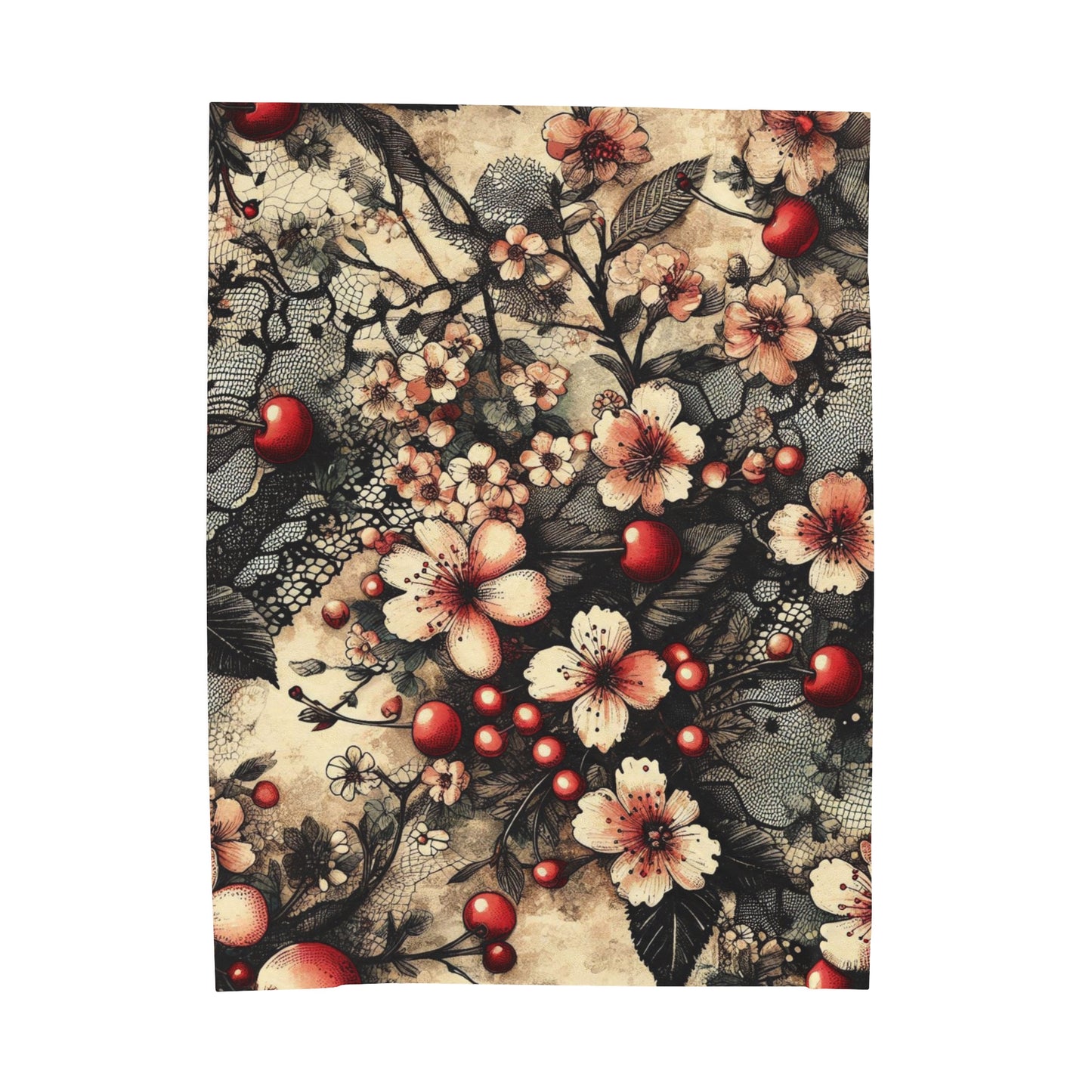 Velveteen Plush Blanket - Blooms, Cherries, and Black Lace