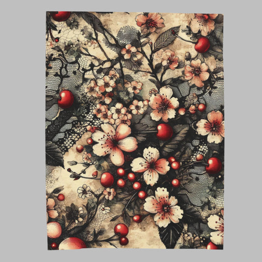 Velveteen Plush Blanket - Blooms, Cherries, and Black Lace