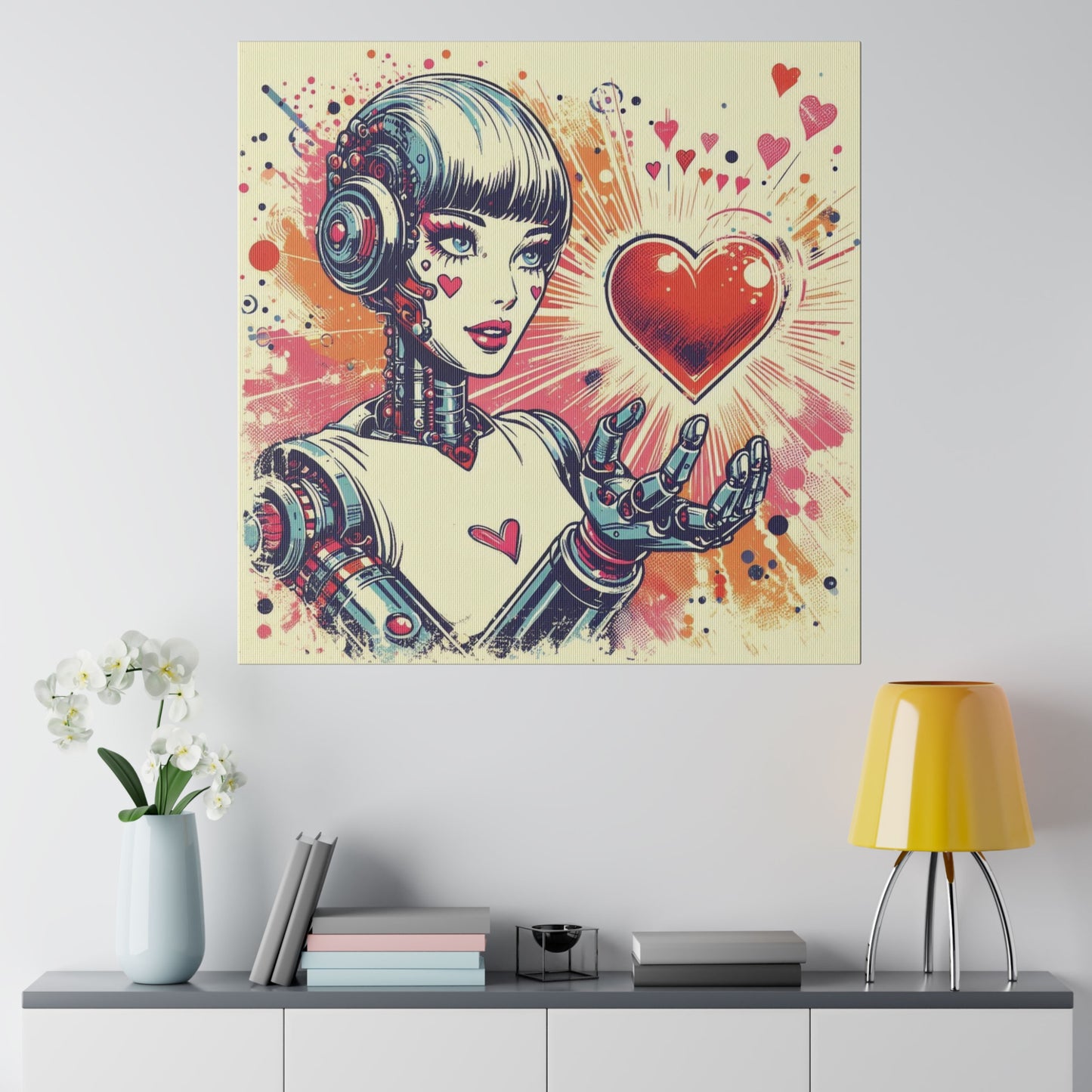 Canvas Print - Retro Futuristic Robot Heart Illustration, Sci-Fi Nostalgia Decor, Vibrant Graphic Novel Style Wall Art, Alternative Artwork