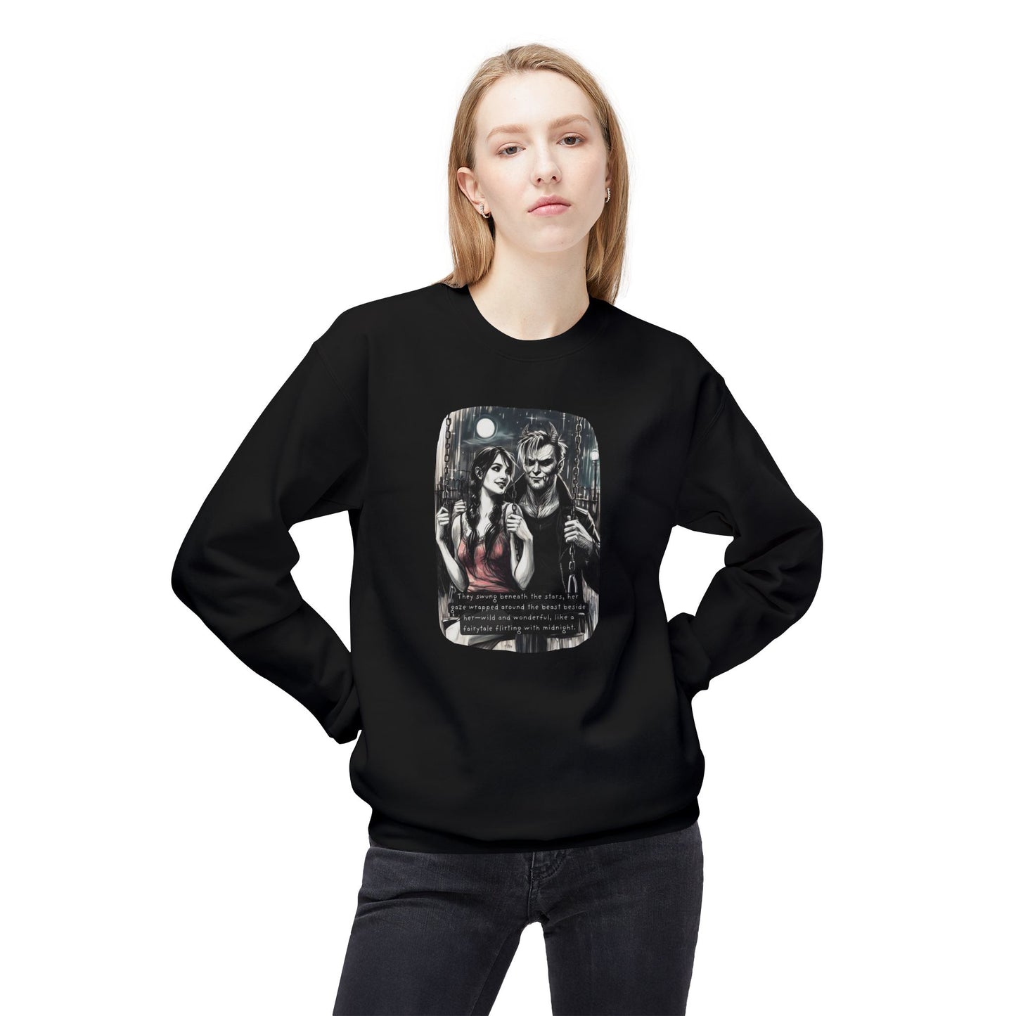 Swing Me to the Moon (Beautiful Monsters Collection) - Unisex Midweight Softstyle Fleece Crewneck Sweatshirt, Multiple Colors Available