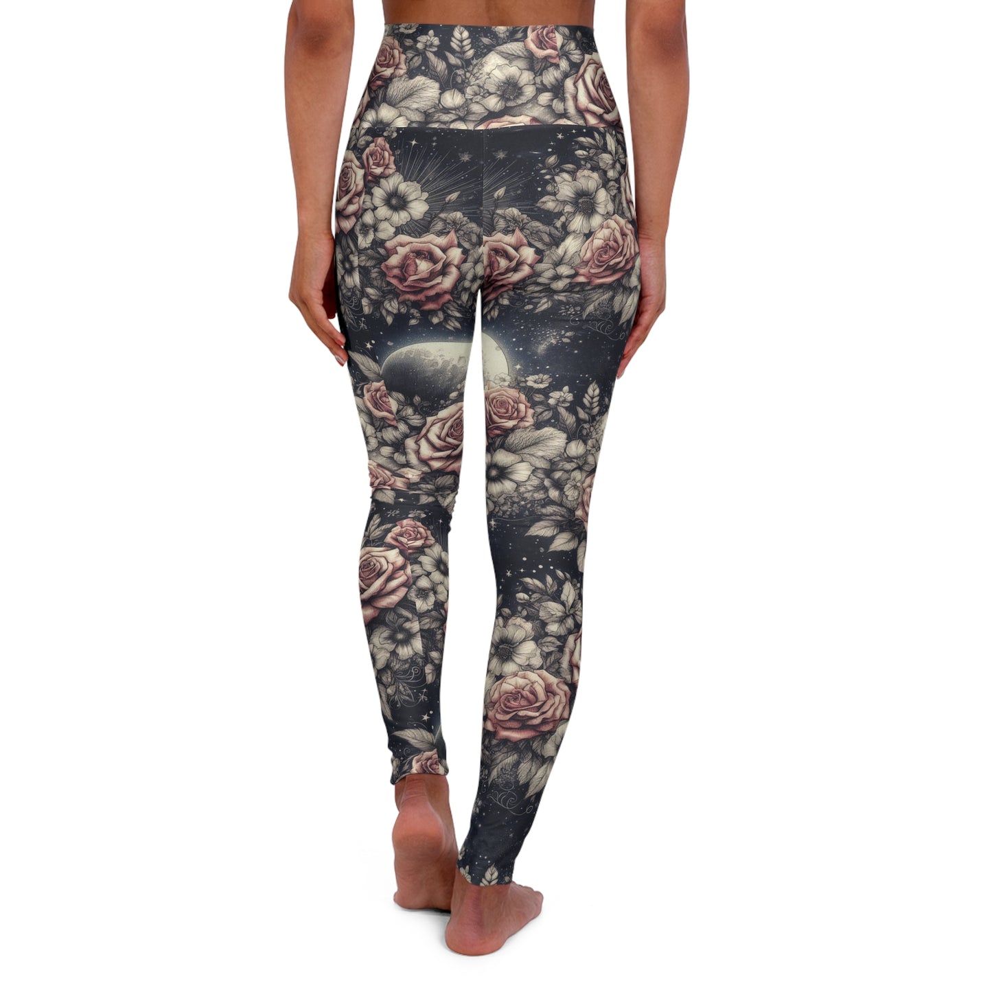 Vintage Rose and Full Moon Celestial Leggings for Everyday or Active Wear, XS-2XL