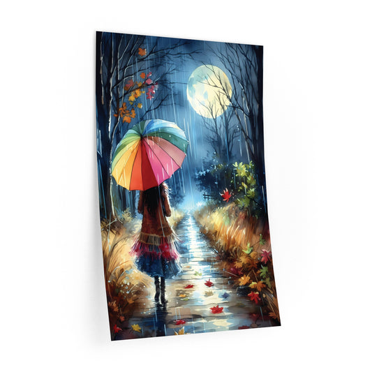 Rainy Autumn Night Moonlit Walk Wall Decal – Vibrant Graphic Novel Style Decor for Bedroom & Living Space