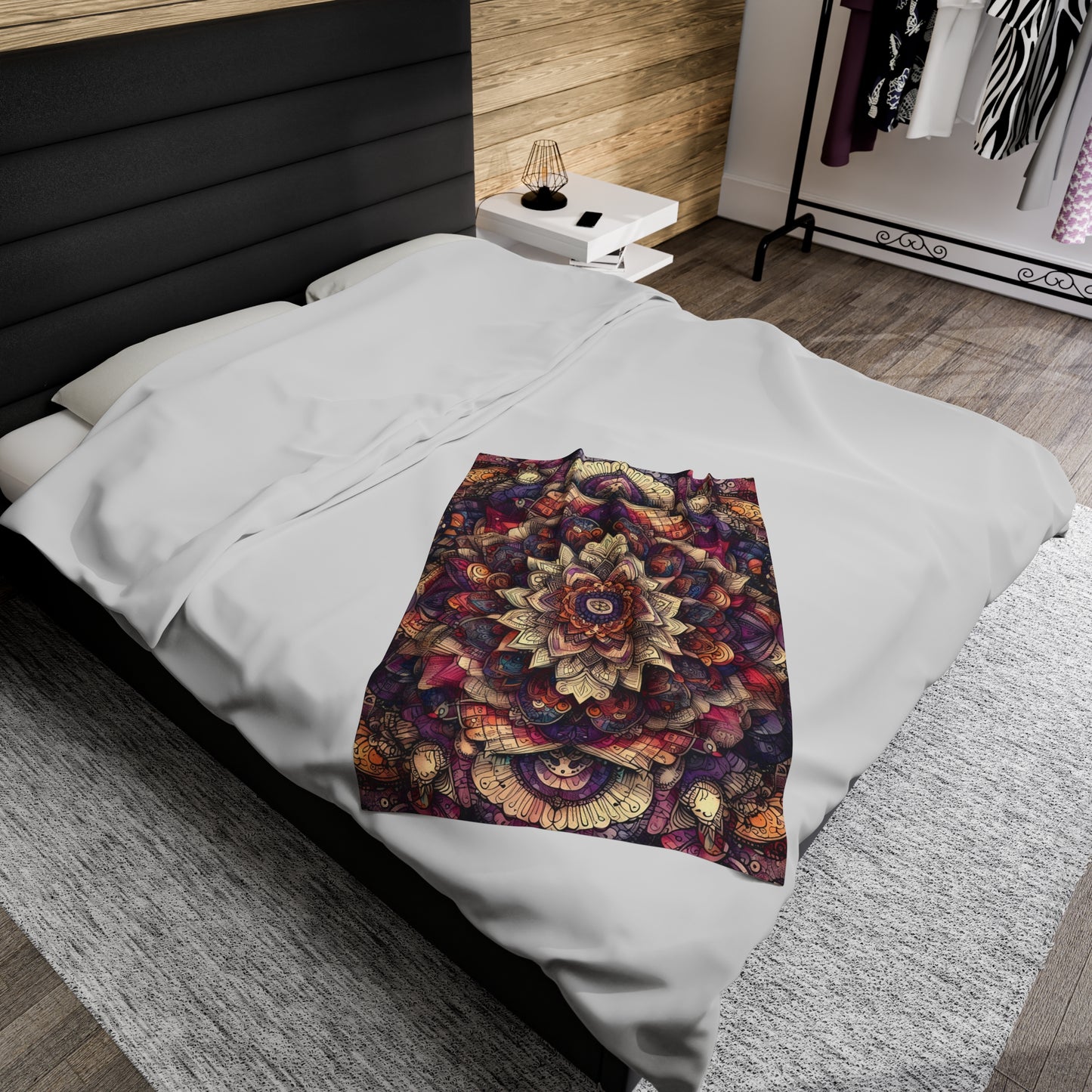 Velveteen Plush Autumn Blanket - Boho Mandala with Red, Purple, and Creme