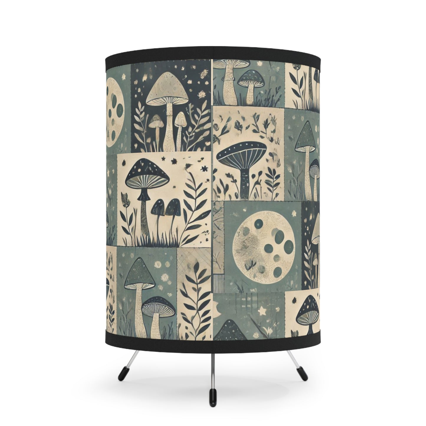 Tripod Table Lamp - Mystical Mushroom Patchwork Charm in Deep Teal & Green