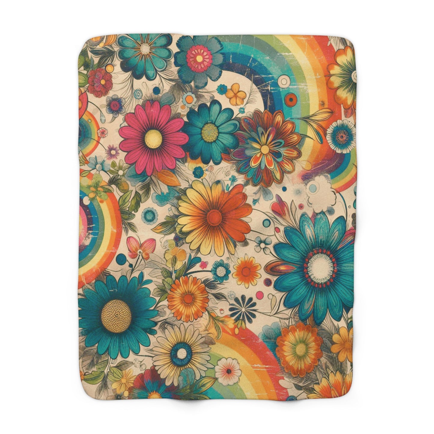 Retro Rainbow Sherpa Fleece Blanket - Whimsical Vintage Flower Design - Great for Living Rooms, Bedding, Outdoor Events, Nurseries