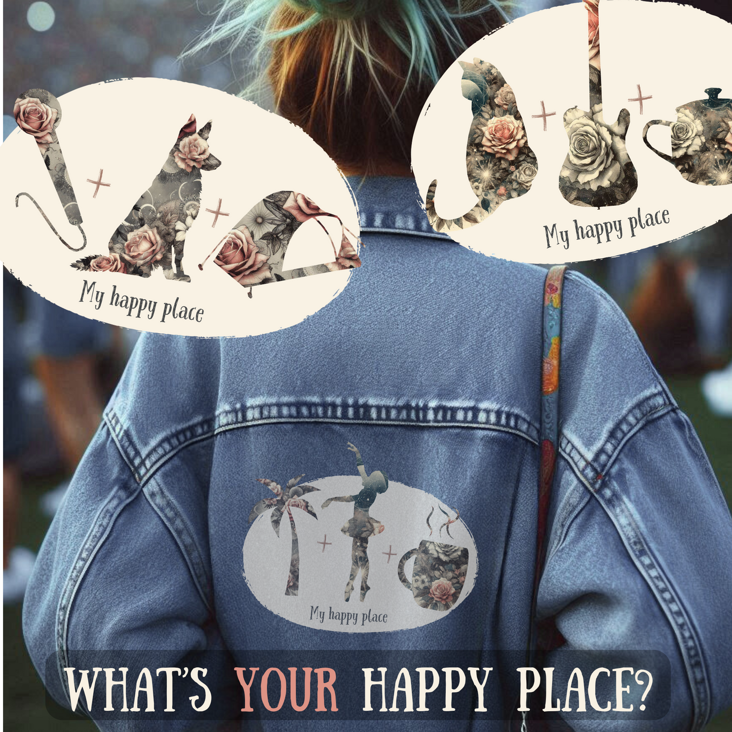 Customizable Women’s Jean Jacket - Personalized "Happy Place" Icons - Vintage Rose Celestial Background Over Denim - Unique Gift