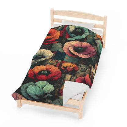 Plush Blanket, Bold Poppy Design with Patchwork-Inspired Background - Velveteen Softness for Couch, Bedding, Picnics, Concerts