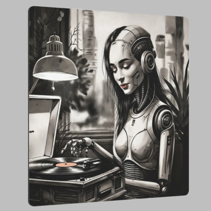 Metal Wall Art - Echoes of the Machine, a Retro-Futuristic Music-Loving Robot Relishing a Record